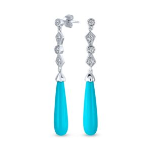 Elegant Long Linear Cubic Zirconia CZ Blue Stabilized Turquoise Elongated Teardrop Chandelier Earrings Western Jewelry For Women .925 Sterling Silver