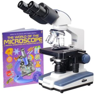 amscope b120b-wm siedentopf binocular compound microscope, 40x-2000x magnification, brightfield, led illumination, abbe condenser, double-layer mechanical stage, includes book