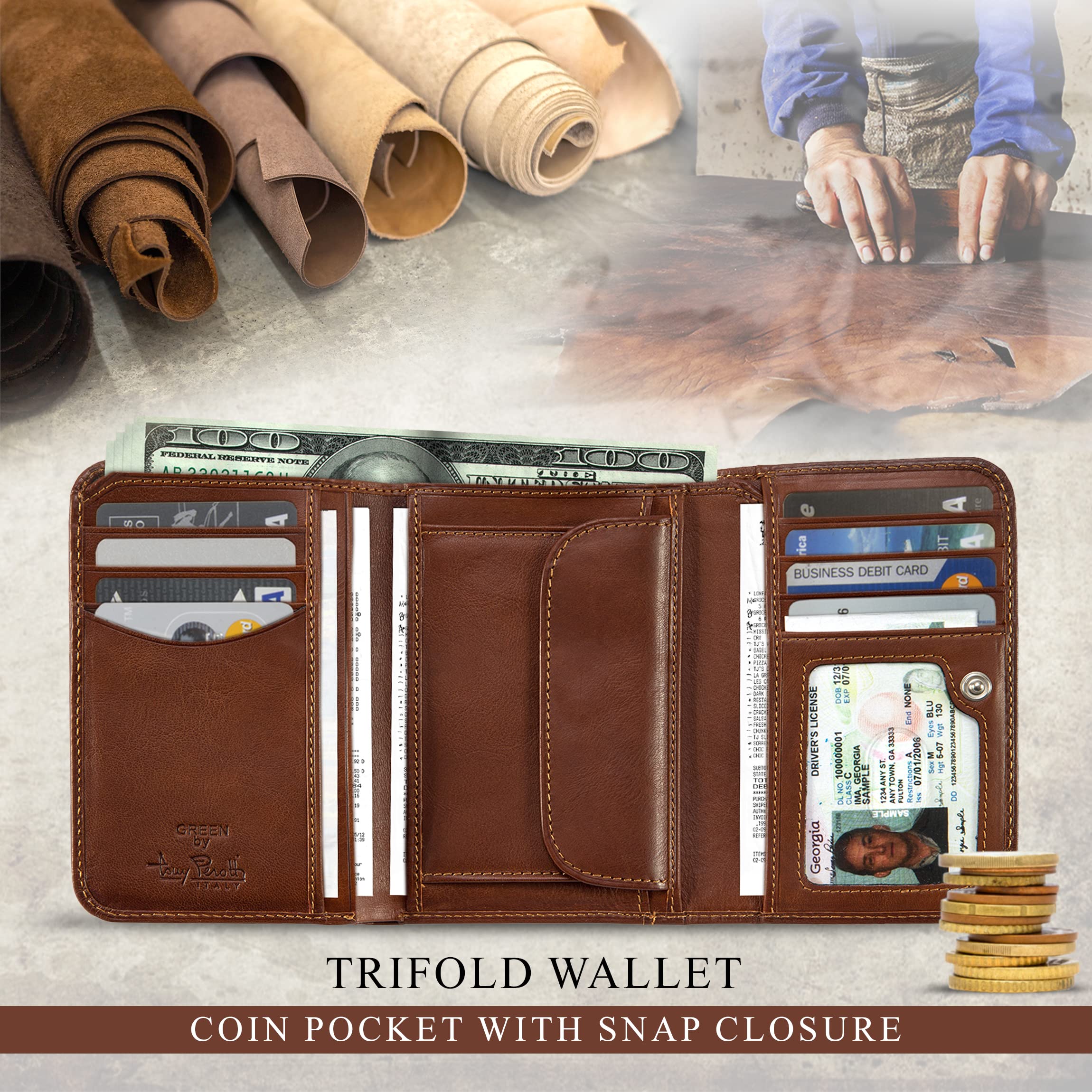 Tony Perotti Italian Men's Wallet With Coin Pocket - Trifold Wallets for Men With Change Pocket - Eco-Friendly Tanned Full Grain Leather Wallet Made in Italy