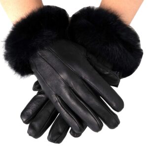 alpine swiss womens leather dressy gloves faux fur trim cuff thermal lining black medium