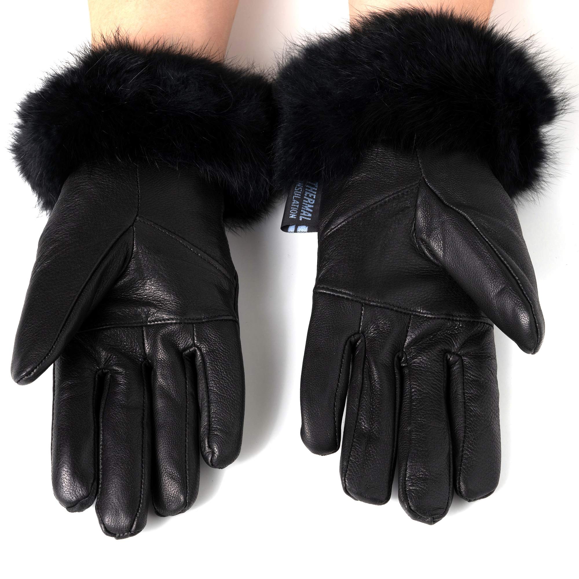 Alpine Swiss Womens Leather Dressy Gloves Faux Fur Trim Cuff Thermal Lining Black Medium