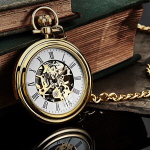 Stuhrling Original Men's Pocket Watch Stainless Steel Analog Skeleton Watch Hand Wind Mechanical Movement Stainless Steel Chain (Silver) (Gold)