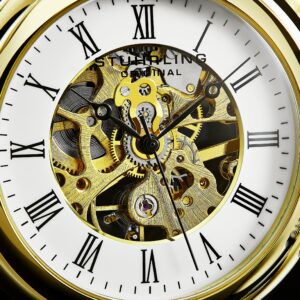 Stuhrling Original Men's Pocket Watch Stainless Steel Analog Skeleton Watch Hand Wind Mechanical Movement Stainless Steel Chain (Silver) (Gold)