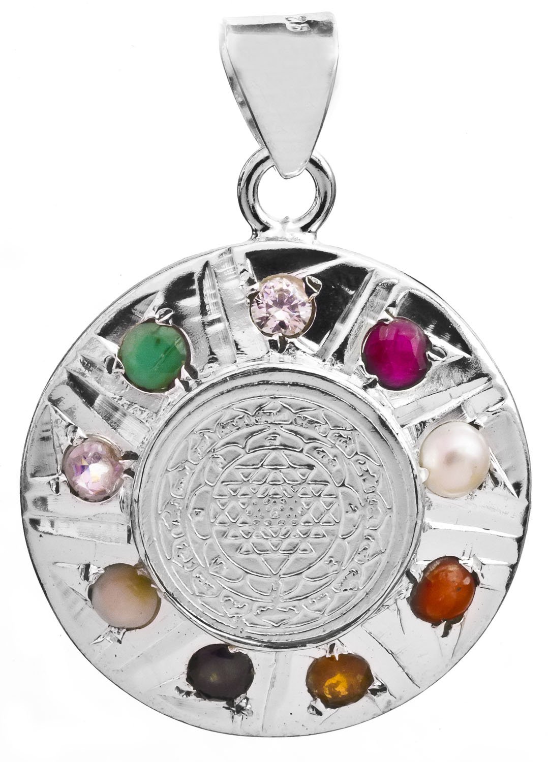 Exotic India Shri Yantra Pendant with Navaratna - Sterling Silver and Copper