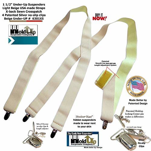 Holdup Traditional Style Tan 1 1/2" Under-Ups Suspenders for Men with USA Patented Metal "No-Slip" clips