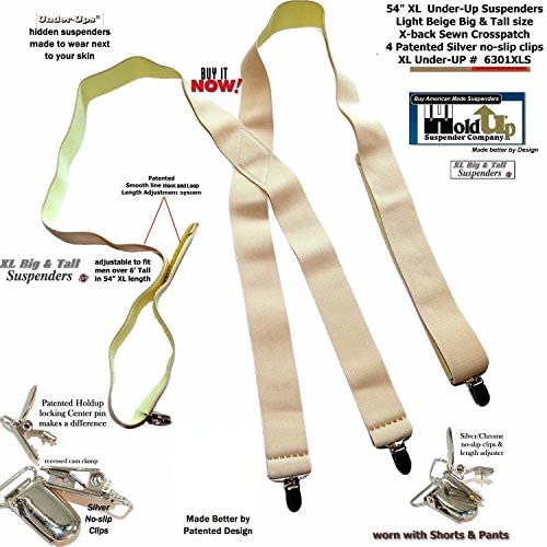 Holdup Traditional Style Tan 1 1/2" Under-Ups Suspenders for Men with USA Patented Metal "No-Slip" clips