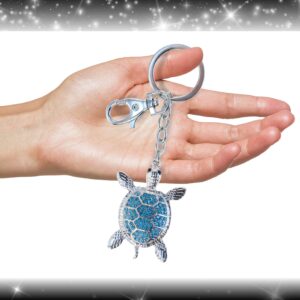 Aqua79 Blue Sea Turtle Keychain - Silver 3D Sparkling Charm Rhinestones Fashionable Stylish Metal Alloy Durable Key Ring Bling Crystal Jewelry Accessory with Clasp