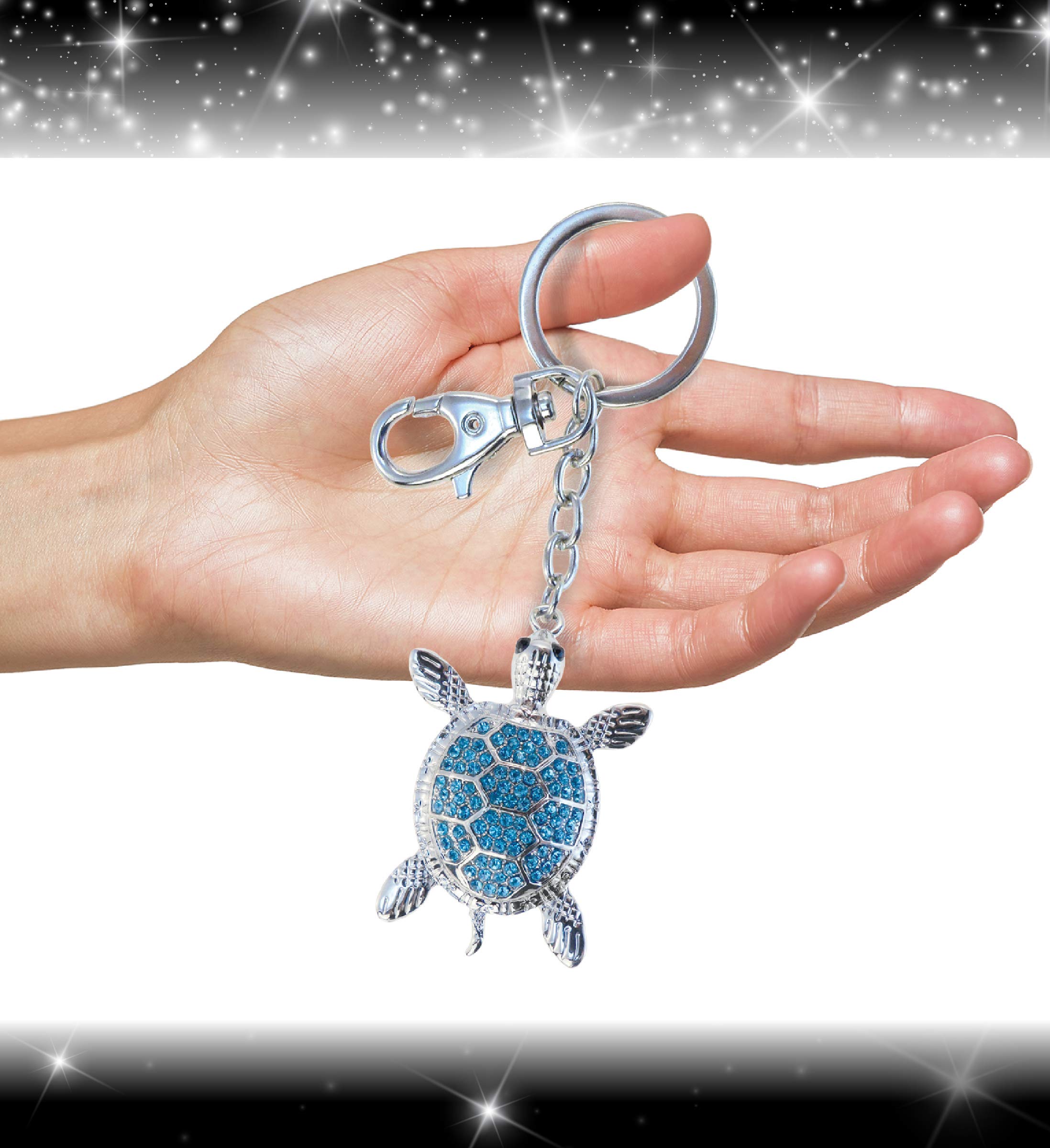 Aqua79 Blue Sea Turtle Keychain - Silver 3D Sparkling Charm Rhinestones Fashionable Stylish Metal Alloy Durable Key Ring Bling Crystal Jewelry Accessory with Clasp