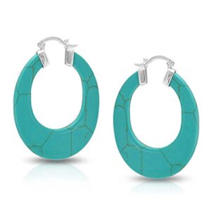 Wide Flat Blue Turquoise Gemstone Large Oval Hoop Earrings For Women Teen .925 Sterling Silver More Colors 1.5 Inch Diameter