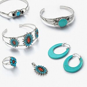 Wide Flat Blue Turquoise Gemstone Large Oval Hoop Earrings For Women Teen .925 Sterling Silver More Colors 1.5 Inch Diameter