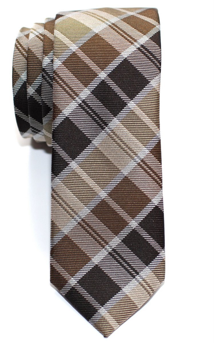 Retreez Modern Classic Plaid Check Styles Woven Microfiber Skinny Tie - Brown