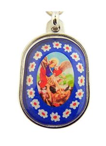 religious gifts mens womens catholic gift silver tone blue enamel flower design border archangel saint st michael travel protection oval shape key ring