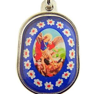 Religious Gifts Mens Womens Catholic Gift Silver Tone Blue Enamel Flower Design Border Archangel Saint St Michael Travel Protection Oval Shape Key Ring