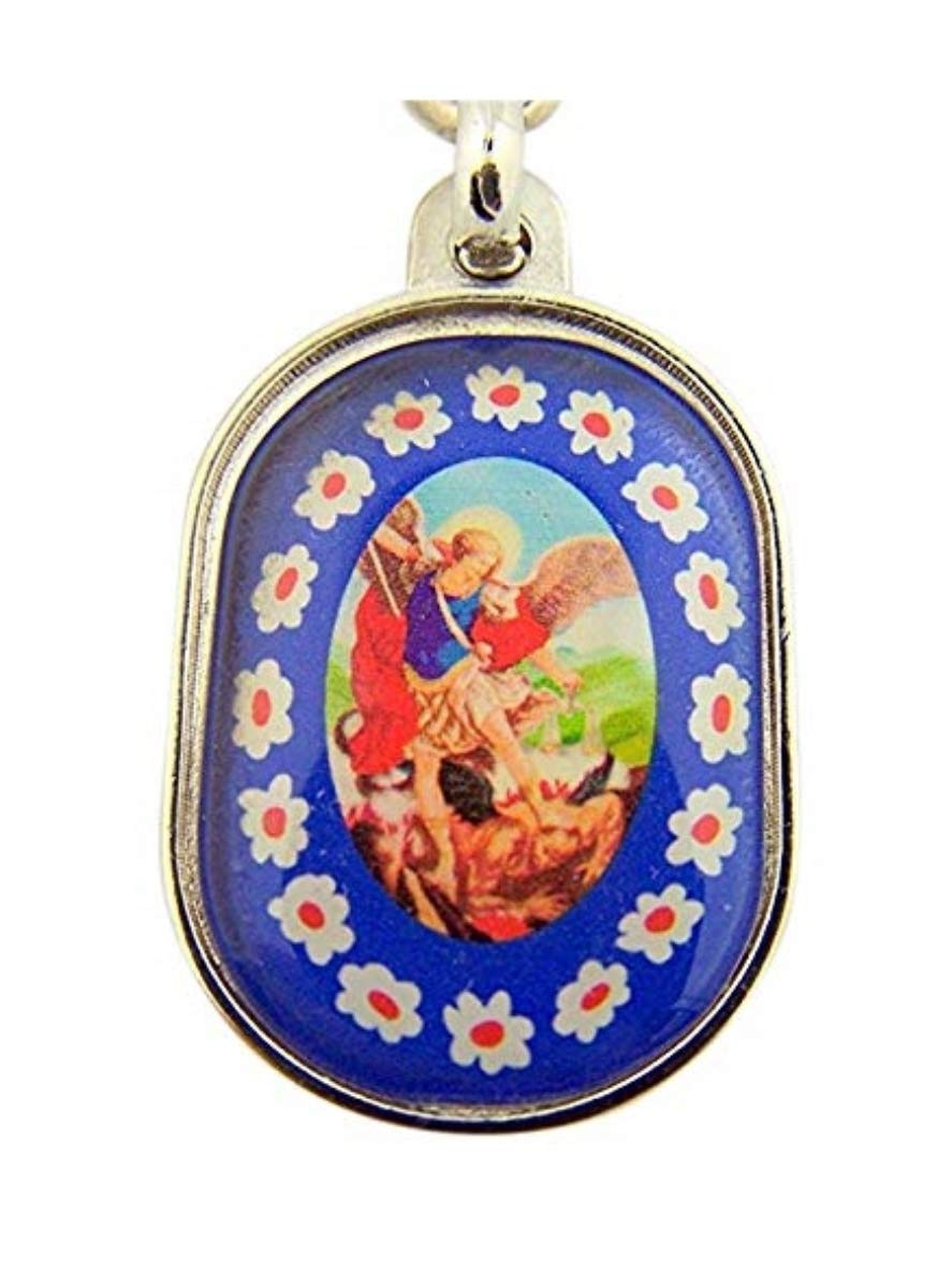 Religious Gifts Mens Womens Catholic Gift Silver Tone Blue Enamel Flower Design Border Archangel Saint St Michael Travel Protection Oval Shape Key Ring