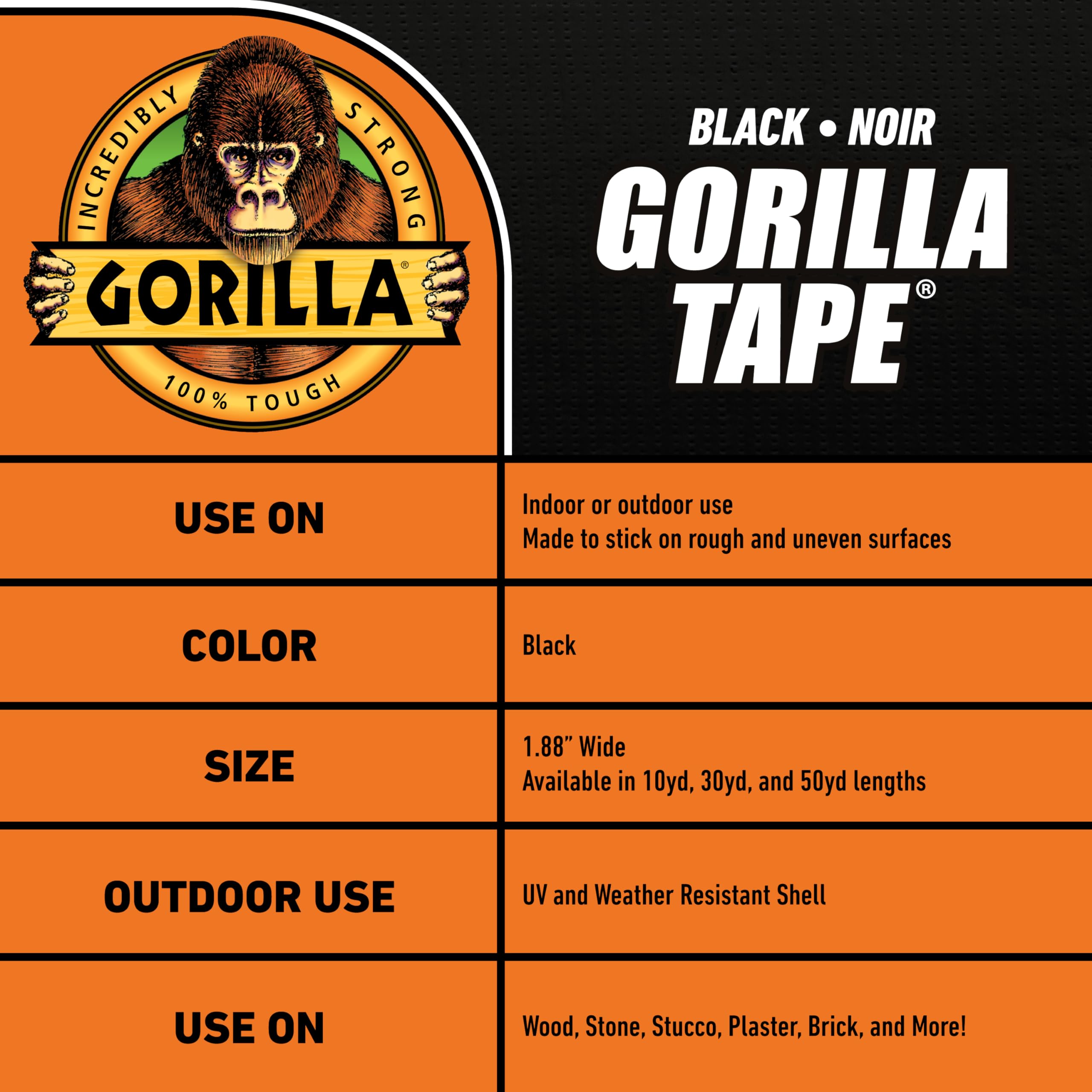 Gorilla Black Duct Tape, 1.88" x 35 yd, Black, (Bulk Pack of 18)