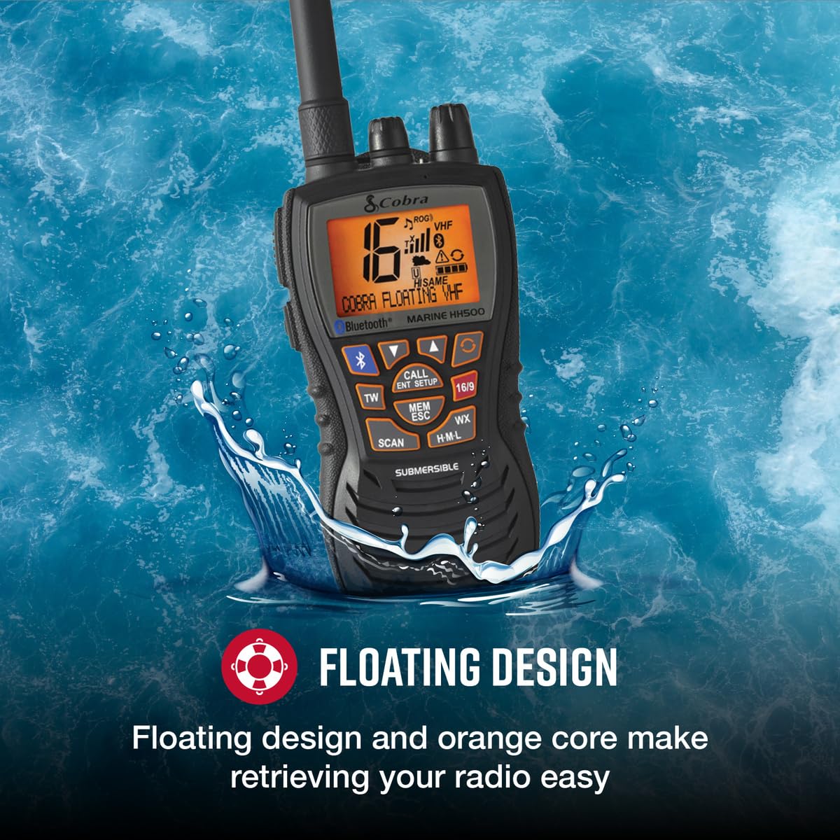 Cobra MR HH500 FLT BT Handheld Floating VHF Radio – 6 Watt, Bluetooth, Submersible, Noise Cancelling Mic, Backlit LCD Display, Floating and Waterproof Design (IP67 rating), Memory Scan, Black