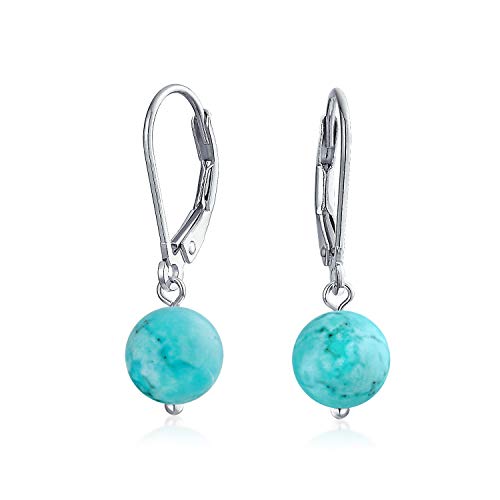 Simple Round Bead Stabilized Turquoise Lever back Ball Drop Earrings For Women .925 Sterling Silver December Birthstone