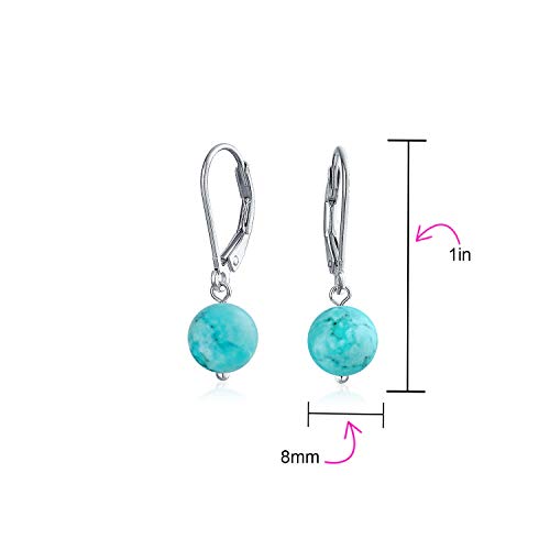 Simple Round Bead Stabilized Turquoise Lever back Ball Drop Earrings For Women .925 Sterling Silver December Birthstone