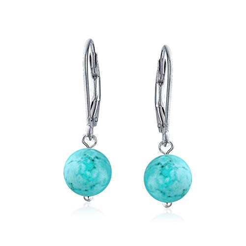 Simple Round Bead Stabilized Turquoise Lever back Ball Drop Earrings For Women .925 Sterling Silver December Birthstone