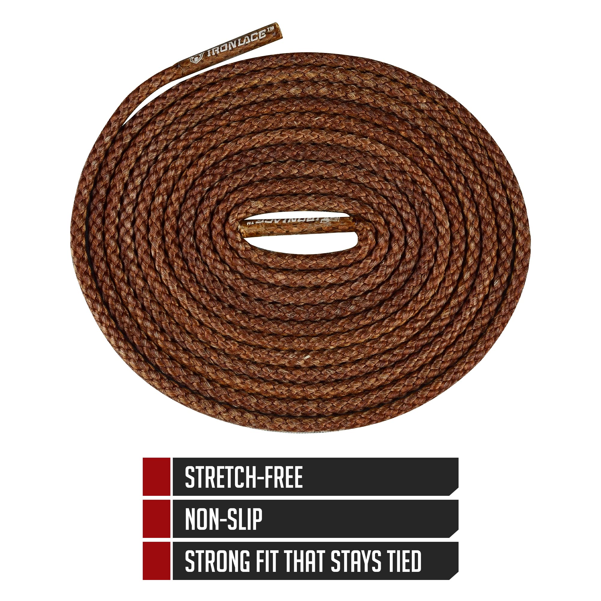 IRONLACE Unbreakable Round Bootlaces - Indestructible, Waterproof & Fire Resistant Boot & Shoe Laces, 1500-Pound Breaking Strength/Pair, Brown, 72-Inch, 3.2mm Diameter, 1-Pair