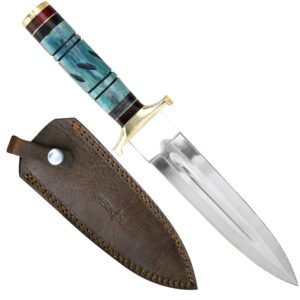 perkin hunting knife - 13” double edge knife - handmade knife with leather sheath - 440c razor sharp steel spear point blade with colored bone handle for camping, tactical, and survival