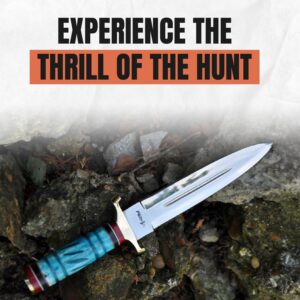 Perkin Hunting Knife - 13” Double Edge Knife - Handmade Knife With Leather Sheath - 440C Razor Sharp Steel Spear Point Blade with Colored Bone Handle for Camping, Tactical, and Survival