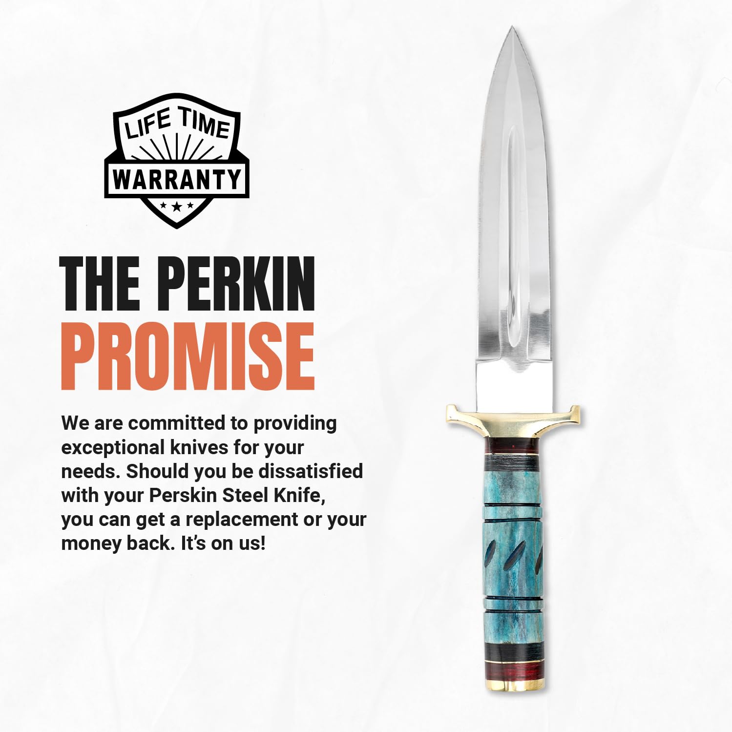 Perkin Hunting Knife - 13” Double Edge Knife - Handmade Knife With Leather Sheath - 440C Razor Sharp Steel Spear Point Blade with Colored Bone Handle for Camping, Tactical, and Survival