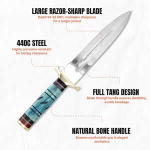 Perkin Hunting Knife - 13” Double Edge Knife - Handmade Knife With Leather Sheath - 440C Razor Sharp Steel Spear Point Blade with Colored Bone Handle for Camping, Tactical, and Survival