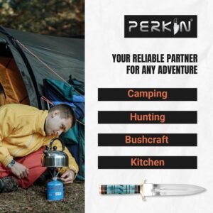 Perkin Hunting Knife - 13” Double Edge Knife - Handmade Knife With Leather Sheath - 440C Razor Sharp Steel Spear Point Blade with Colored Bone Handle for Camping, Tactical, and Survival