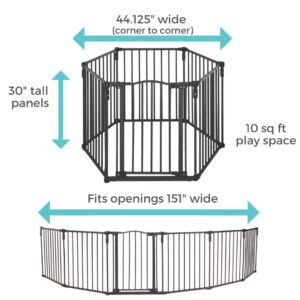 Toddleroo by North States 3 in 1 Arched Decor Metal Superyard 6 Panel Play Yard, Baby Gate, Playpen or Baby Fence, 151" Wide. Wall Mount Kit Included. 10 sq ft play yard (30" tall, Matte Bronze)