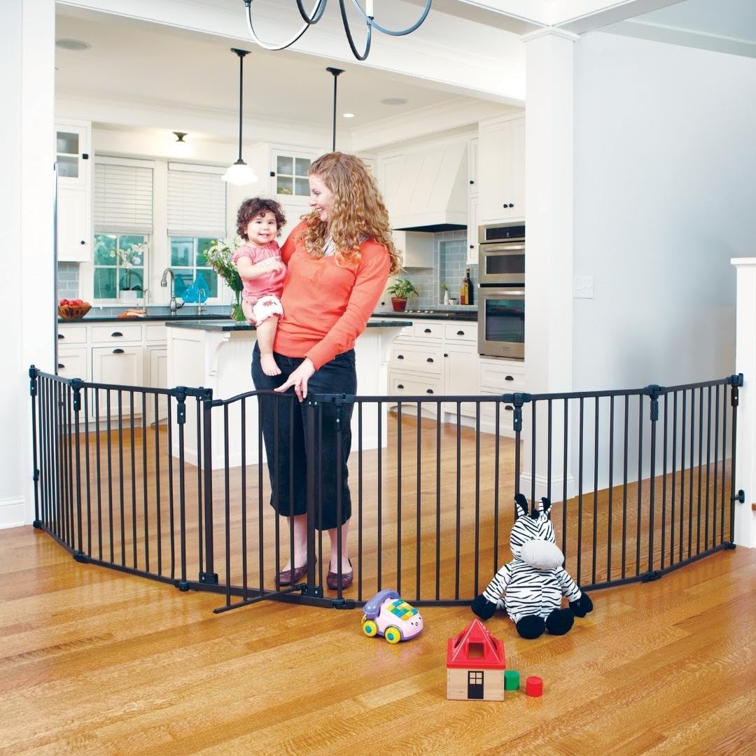 Toddleroo by North States 3 in 1 Arched Decor Metal Superyard 6 Panel Play Yard, Baby Gate, Playpen or Baby Fence, 151" Wide. Wall Mount Kit Included. 10 sq ft play yard (30" tall, Matte Bronze)