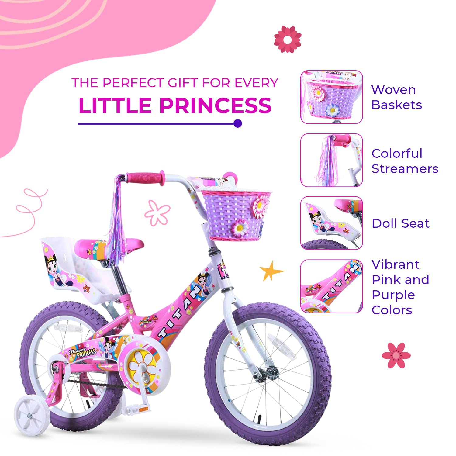 Titan Girl's Flower Princess BMX Bike for 4-9 Years Girls with Training Wheels 16 Inch Kids Toddler Bicycle with Utility Basket & Streamers - Pink