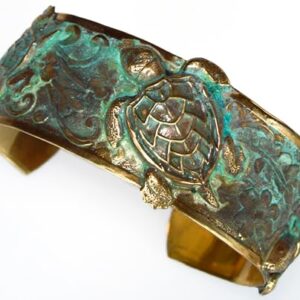 Elaine Coyne Jewelry | Sea Turtle Bracelet for Women, Adjustable Brass Cuff Bracelet for Women, Artisan Classic Jewelry Turtle Cuff/Arm Cuff Made of Verdigris Patina Brass | Elaine Coyne Cuff Bracelet