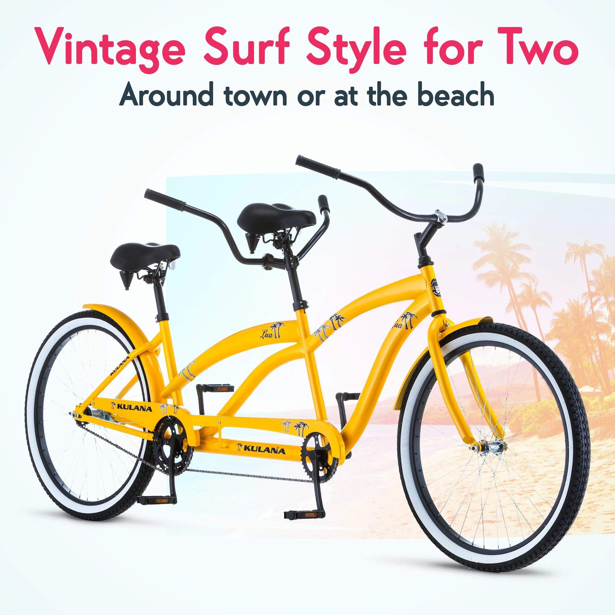 Kulana Lua Tandem Bike, Beach Cruiser Bike for Adult Men Women, Double Rider Bicycle, 26-Inch Wheels, Steel Frame, Single Speed, Yellow