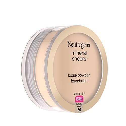 Neutrogena Mineral Sheers Lightweight Loose Powder Makeup Foundation with Vitamins A, C, & E, Sheer to Medium Buildable Coverage, Skin Tone Enhancer, Face Redness Reducer, Natural Beige 60,.19 oz