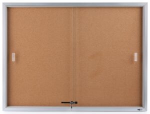 48" x 36" enclosed bulletin board for wall mount, indoor use only, 4' x 3' cork board with sliding glass door - silver aluminum frame