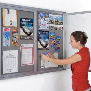 Displays2go 48 x 36 Inch Wall Mounted Enclosed Bulletin Board with 2 Doors, Locking, Aluminum (FBSW43SVLG)