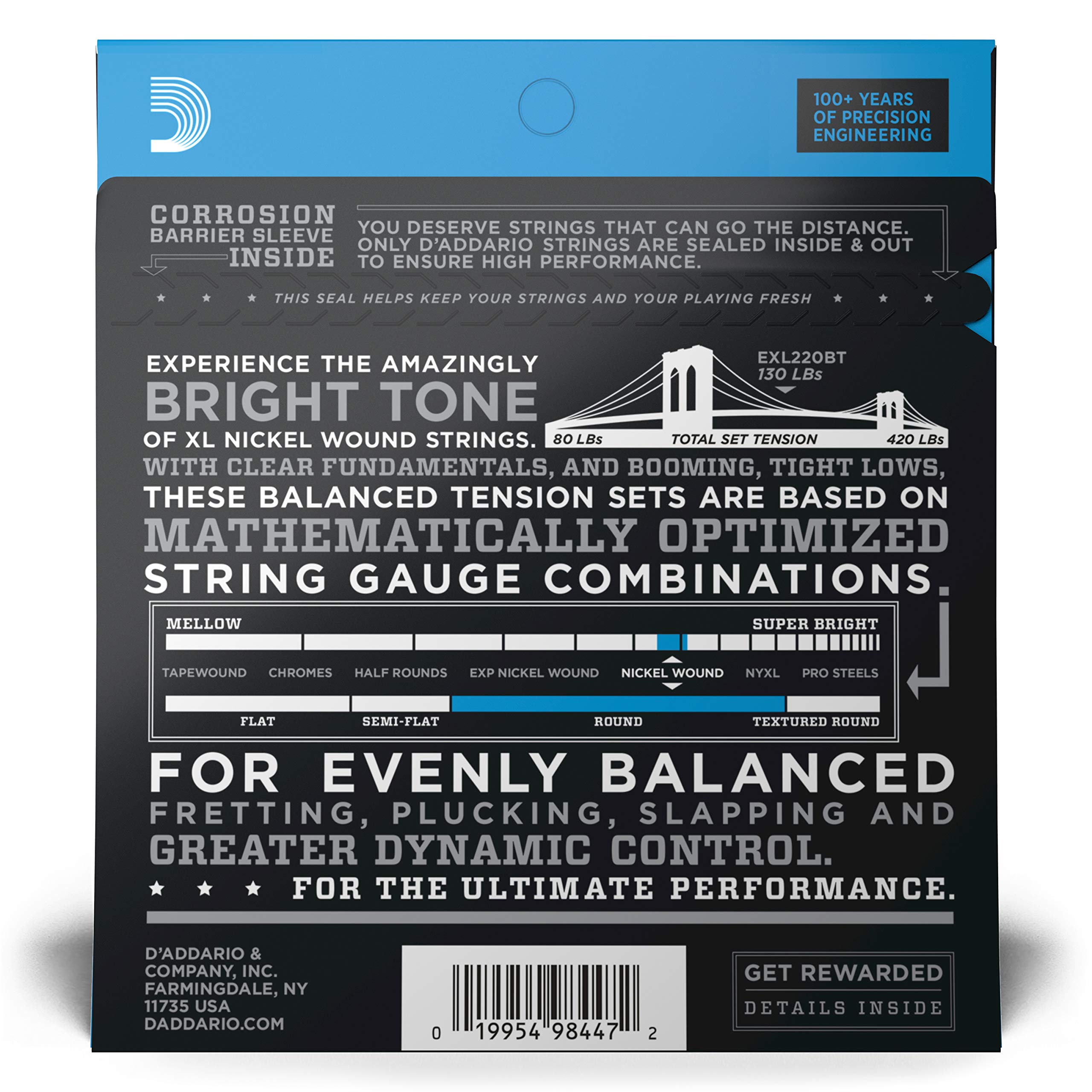 D'Addario EXL220BT 45-65 Gauge Nickel Wound Bass Guitar Strings, Balanced Tension Super Light