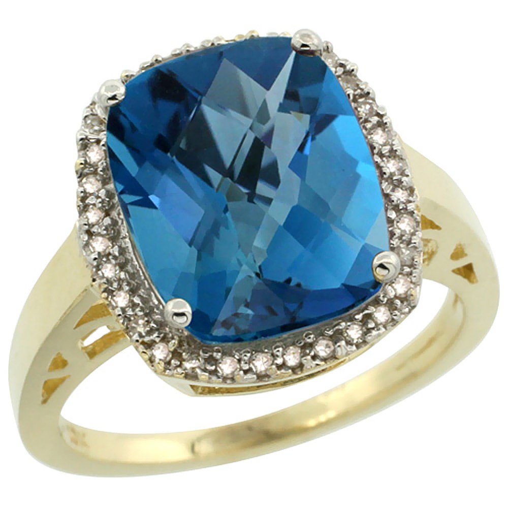 14K Yellow Gold Diamond Natural London Blue Topaz Ring Cushion-cut 12x10mm, size 6.5