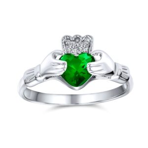 bff celtic irish friendship promise aaa cz green simulated emerald hands & heart claddagh ring for women teens .925 sterling silver