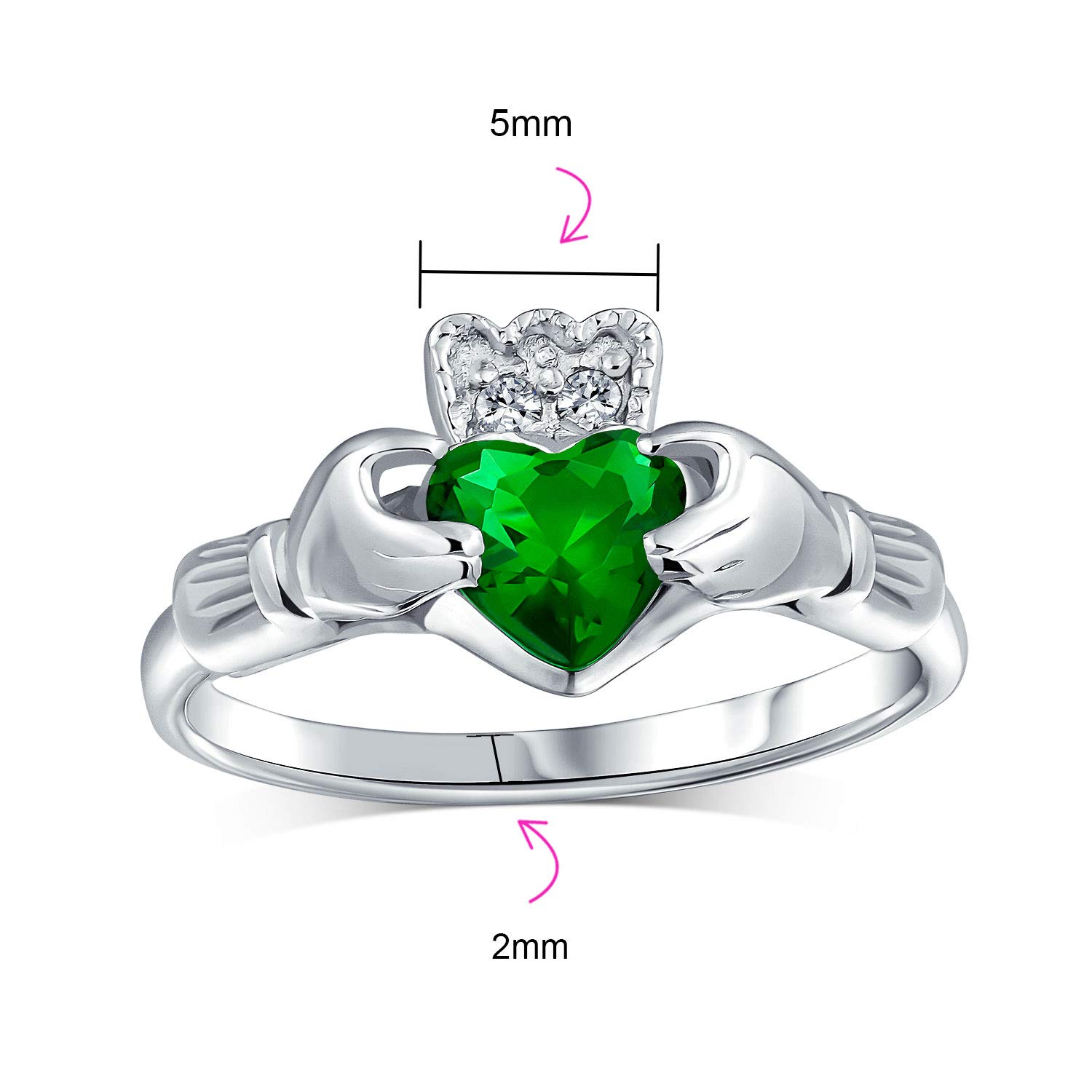 BFF Celtic Irish Friendship Promise AAA CZ Green Simulated Emerald Hands & Heart Claddagh Ring For Women Teens .925 Sterling Silver