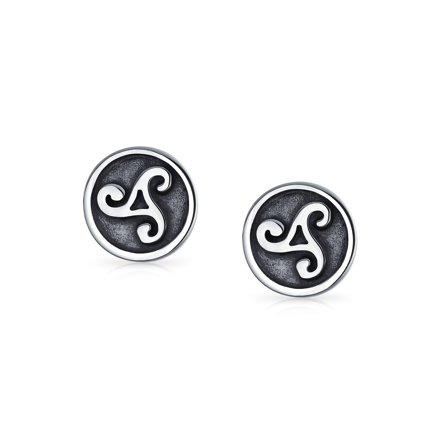 Ancient Circle Round Disc Spiral Small Celtic Irish Trinity Symbol Triskele Stud Earrings For Men Women Oxidized .925 Sterling Silver