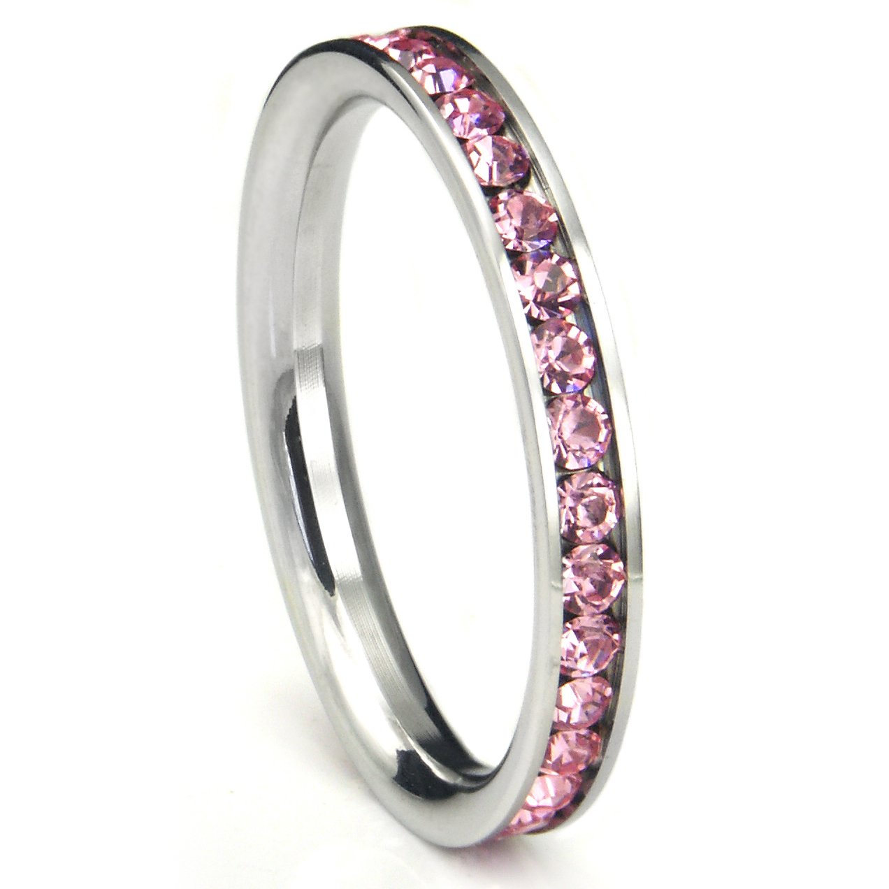 Metal Factory 316L Stainless Steel Pink Cubic Zirconia CZ Eternity Wedding 3MM Band Ring Sz 9