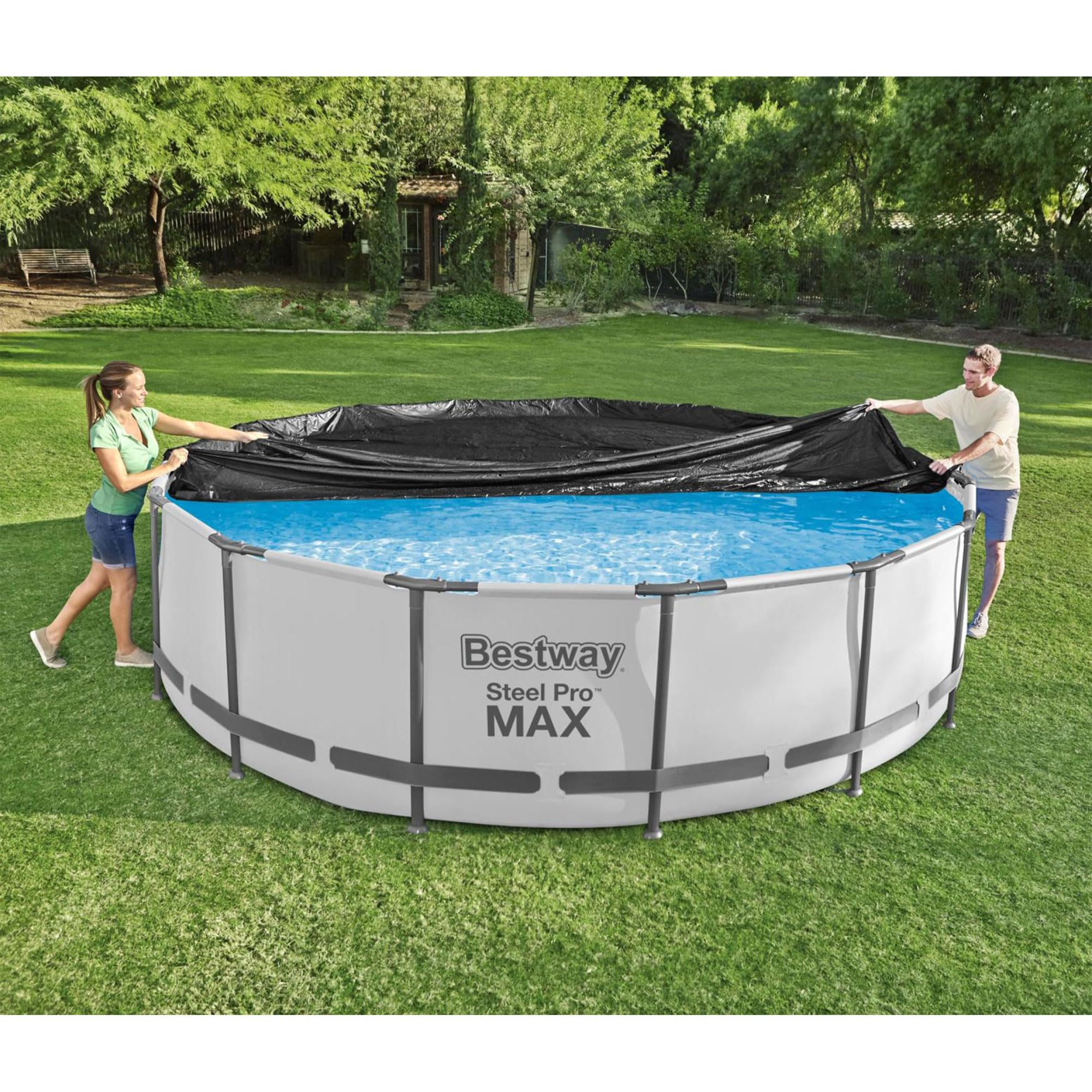 Bestway Flowclear PVC Round 15 Foot Pool Cover for Above Ground Frame Pools with Drain Holes and Secure Tie-Down Ropes, Black (Cover Only)