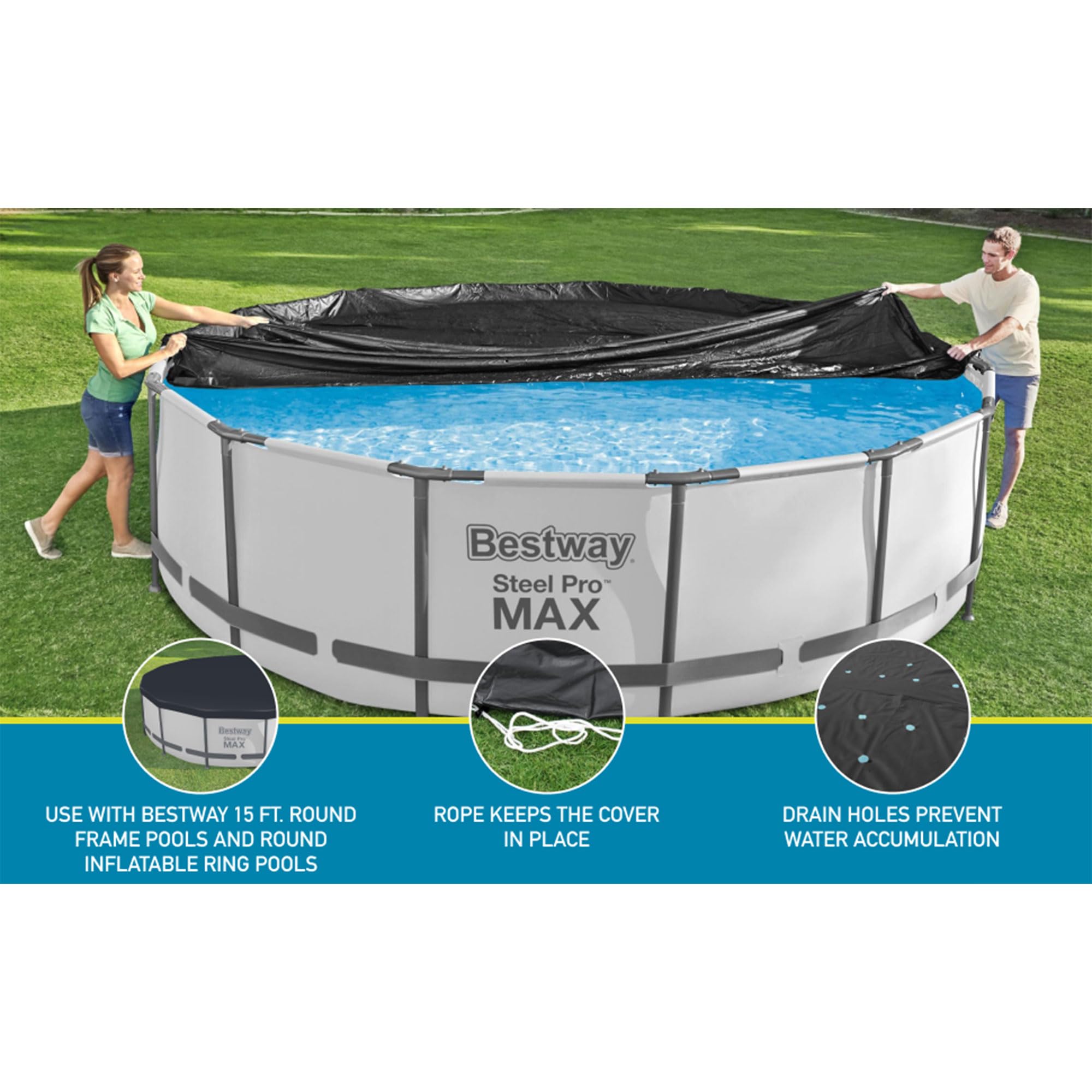 Bestway Flowclear PVC Round 15 Foot Pool Cover for Above Ground Frame Pools with Drain Holes and Secure Tie-Down Ropes, Black (Cover Only)