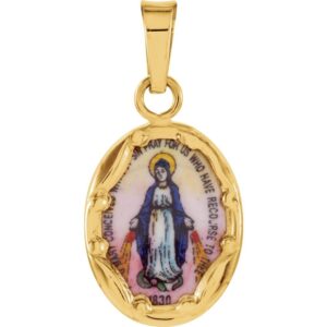 Bonyak Jewelry 14k Yellow Gold 13x10 mm Miraculous Hand-Painted Porcelain Medal