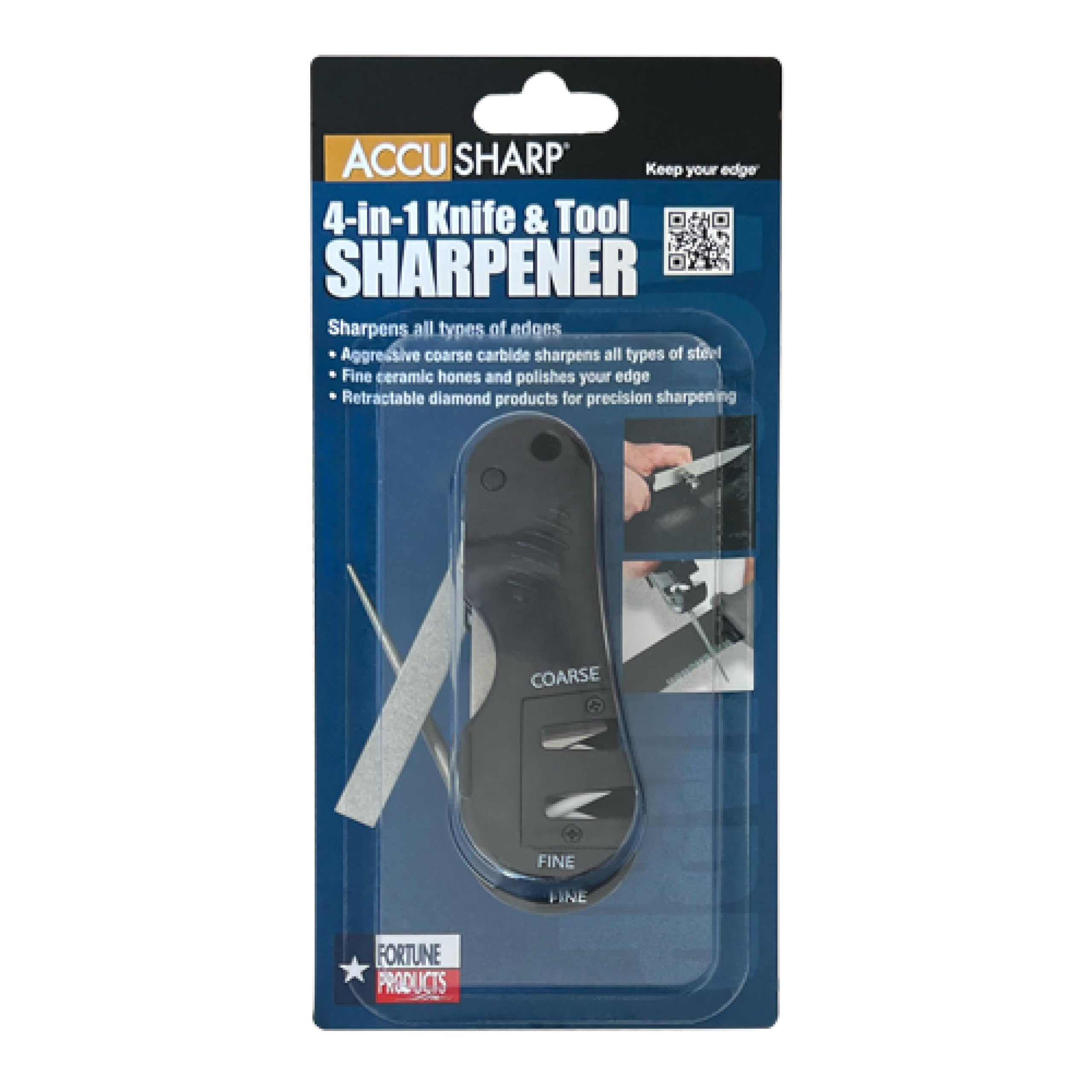 AccuSharp 4-in-1 Knife & Tool Sharpener, Coarse Tungsten Carbide Sharpening Blade & Ceramic Rod with Retractable Diamond-Tapered Rod for Knives, Fish Hooks & Tools, Black