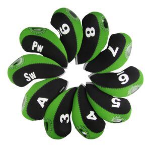 Andux Number Print Golf Iron Club Head Covers with Transparent Window 10pcs/Set Black/lime green