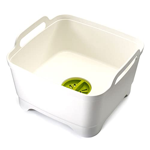 Joseph Joseph Wash & Drain Kitchen Dish Tub Wash Basin with Handles and Draining Plug, 9 liters, White