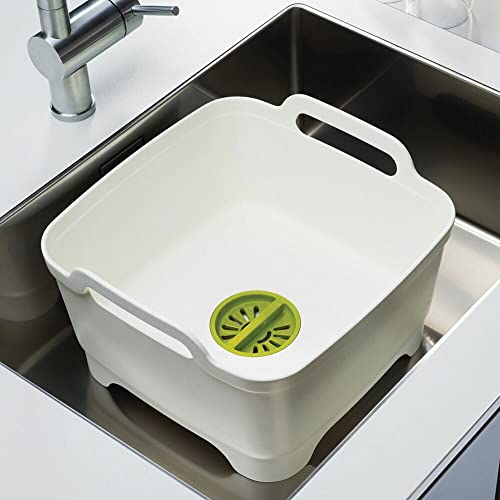 Joseph Joseph Wash & Drain Kitchen Dish Tub Wash Basin with Handles and Draining Plug, 9 liters, White